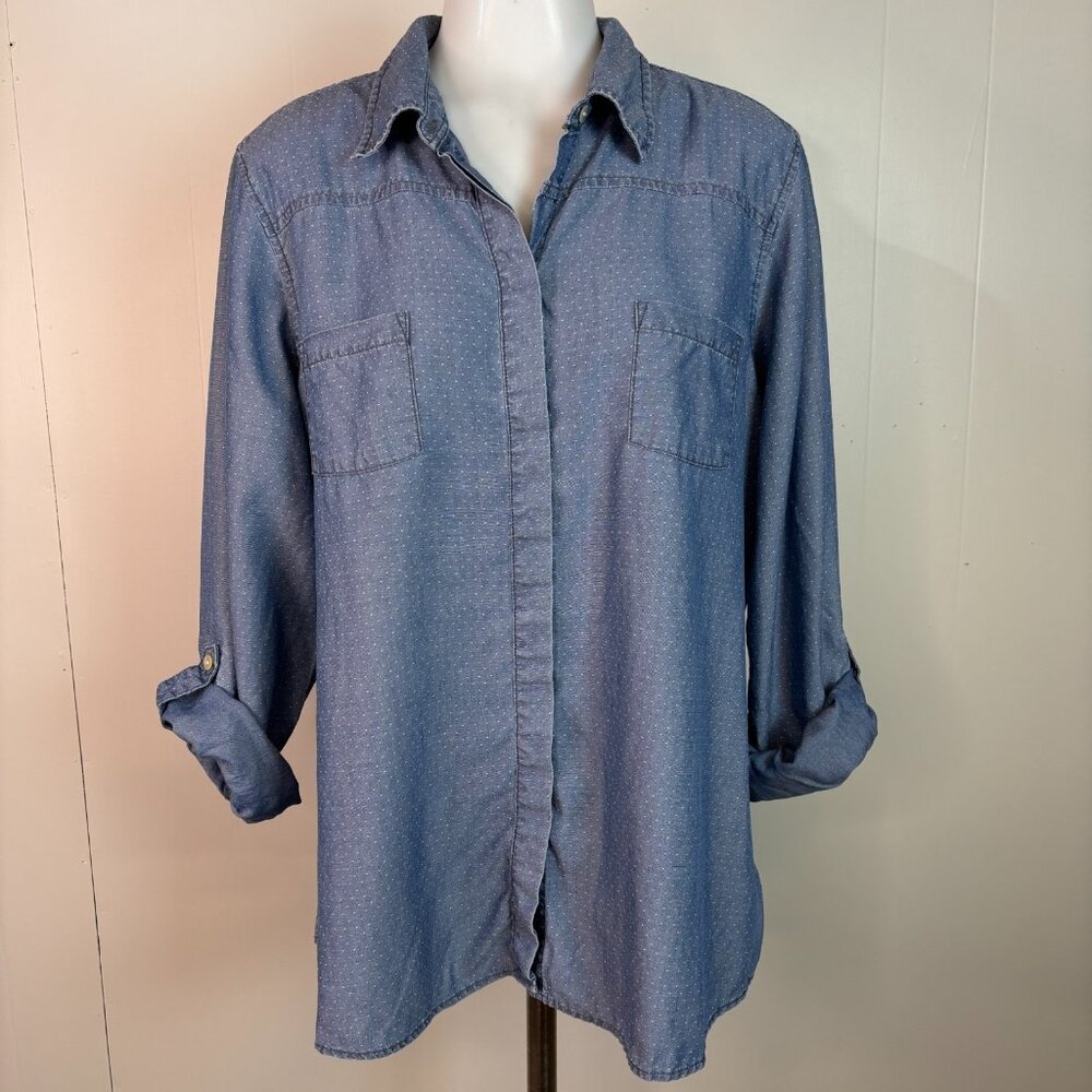 Foxcroft Top 18 Chambray Blue Polka Dot Roll-Tab Sleeves Button-Front‎ Shirt